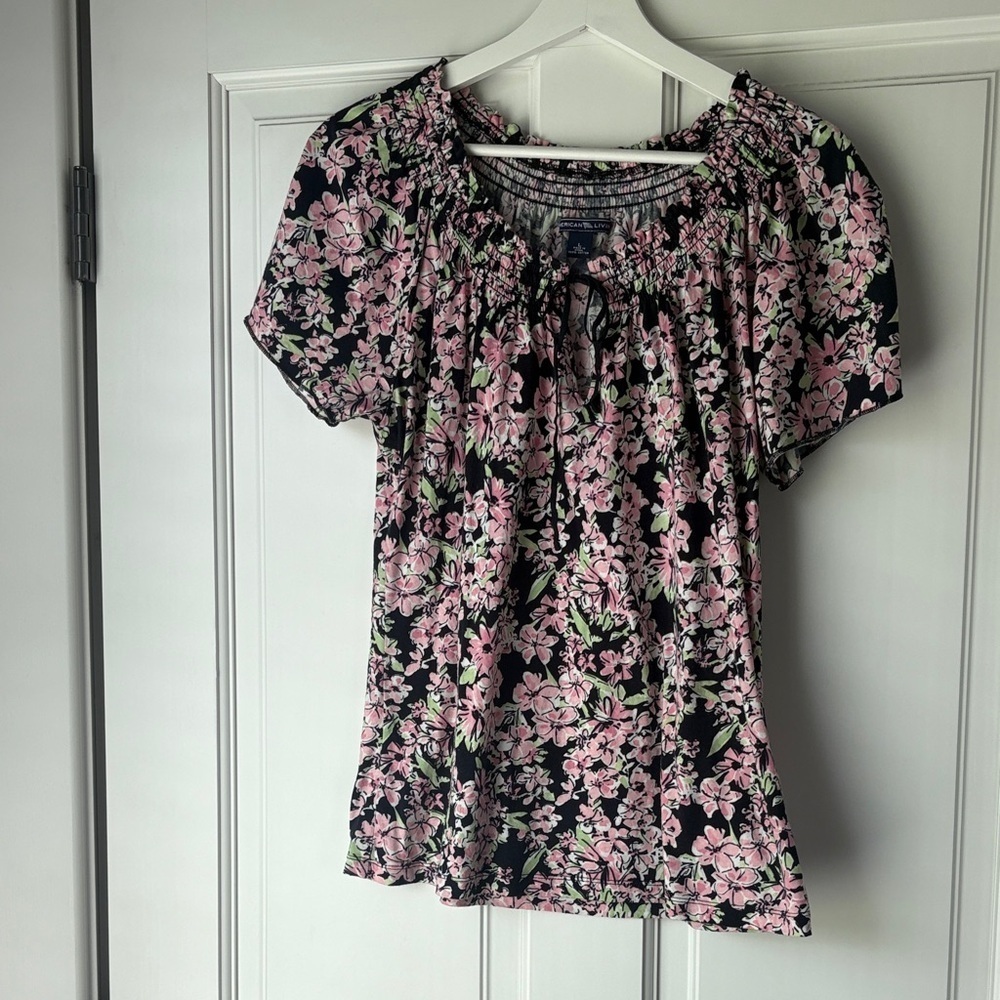 American Living Black and Pink Floral Blouse size large Cottagecore cotton y2k